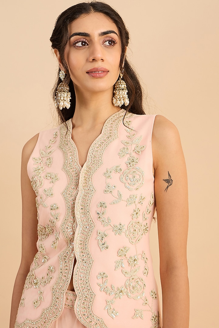 Powder Pink Soft Net Handwork Co-Ord Set by RoohbyRidhimaa at Pernia's Pop Up Shop