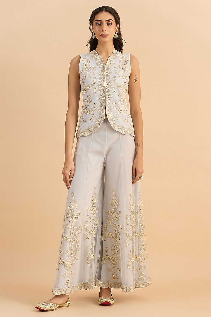 Powder Blue Soft Net Handwork Co-Ord Set by RoohbyRidhimaa at Pernia's Pop Up Shop