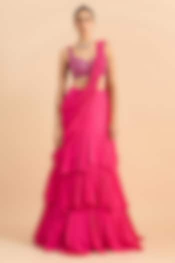 Bright Fuchsia Georgette Pre-Draped Wedding Saree Set by RoohbyRidhimaa at Pernia's Pop Up Shop