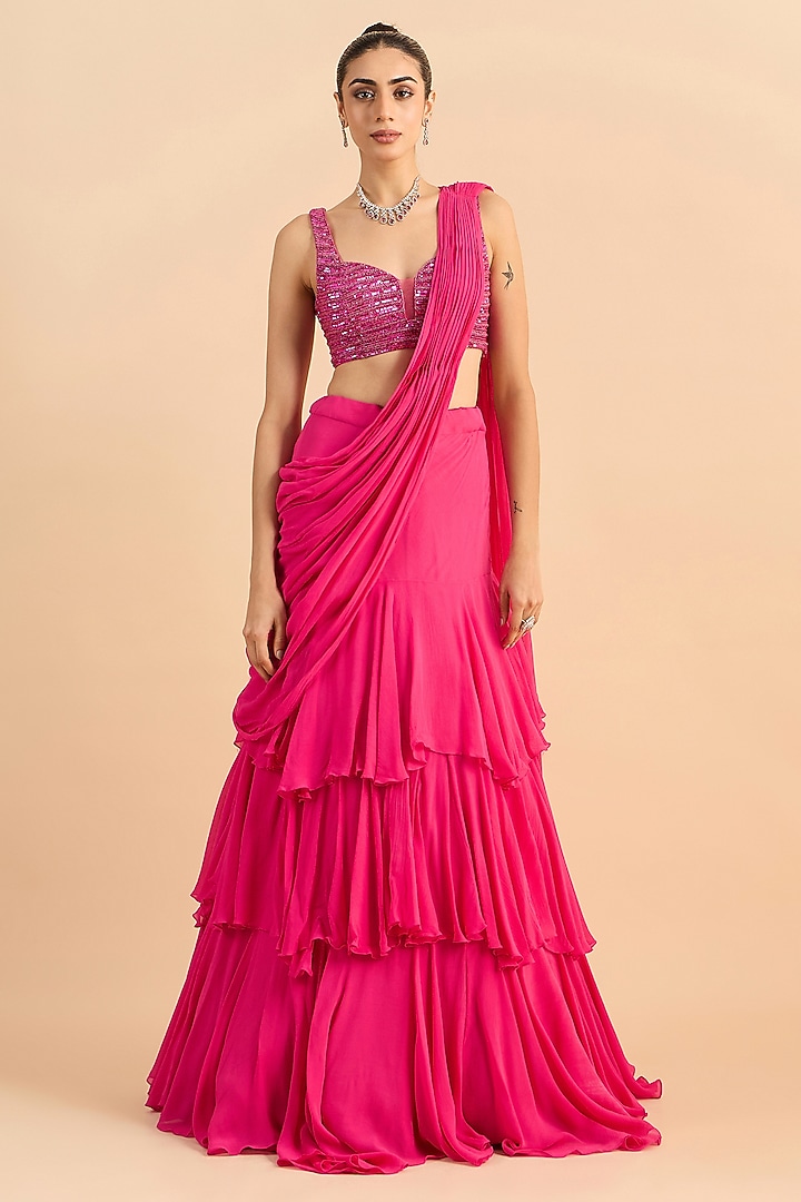 Bright Fuchsia Georgette Pre-Draped Wedding Saree Set by RoohbyRidhimaa at Pernia's Pop Up Shop