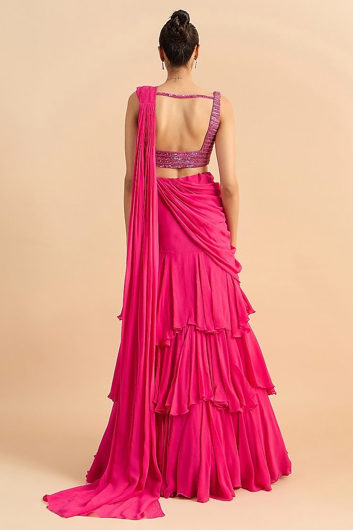 Bright Fuchsia Georgette Pre-Draped Wedding Saree Set by RoohbyRidhimaa at Pernia's Pop Up Shop