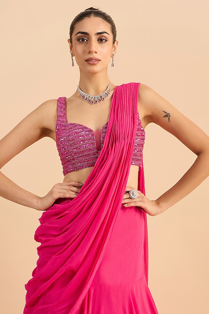 Bright Fuchsia Georgette Pre-Draped Wedding Saree Set by RoohbyRidhimaa at Pernia's Pop Up Shop