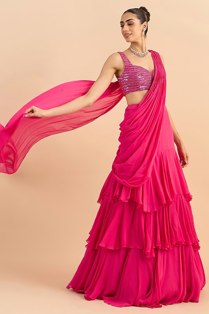 Bright Fuchsia Georgette Pre-Draped Wedding Saree Set by RoohbyRidhimaa at Pernia's Pop Up Shop