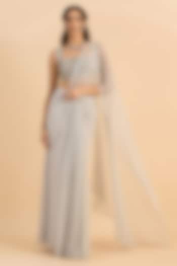 Metallic Silver Crinkle Net Pre-Draped Wedding Saree Set by RoohbyRidhimaa at Pernia's Pop Up Shop