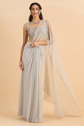Metallic Silver Crinkle Net Pre-Draped Saree Set by RoohbyRidhimaa