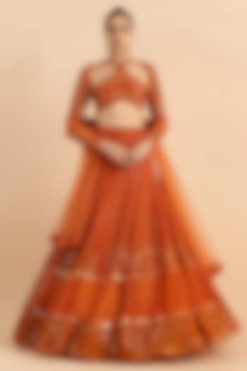 Rust Orange Soft Net Embroidered Bridal Lehenga Set by RoohbyRidhimaa at Pernia's Pop Up Shop