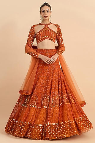 Rust Orange Soft Net Embroidered Lehenga Set by RoohbyRidhimaa