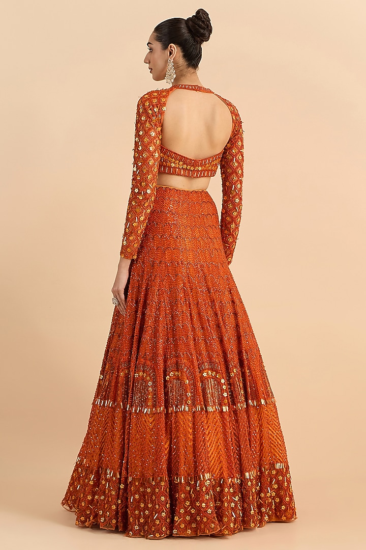 Rust Orange Soft Net Embroidered Bridal Lehenga Set by RoohbyRidhimaa at Pernia's Pop Up Shop