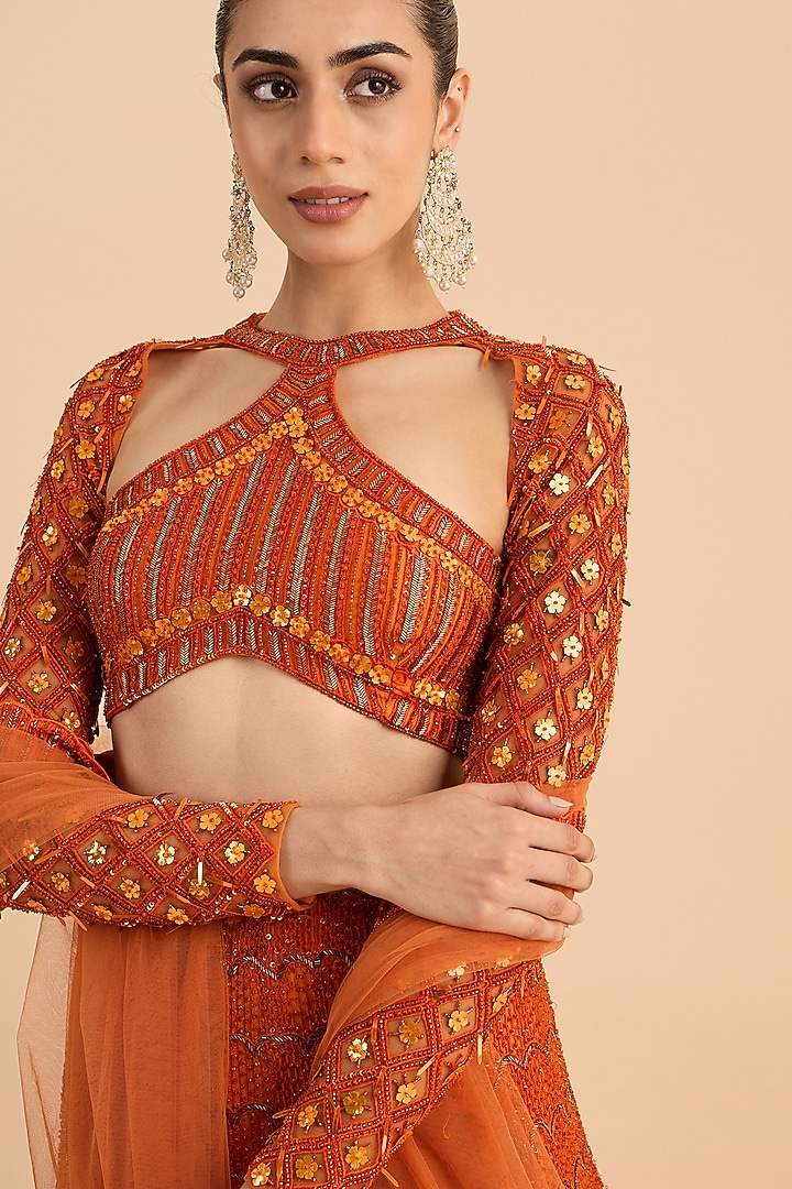 Rust Orange Soft Net Embroidered Bridal Lehenga Set by RoohbyRidhimaa at Pernia's Pop Up Shop