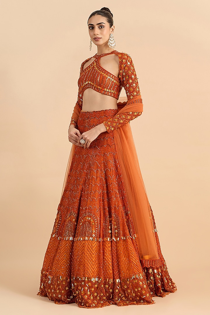Rust Orange Soft Net Embroidered Bridal Lehenga Set by RoohbyRidhimaa at Pernia's Pop Up Shop
