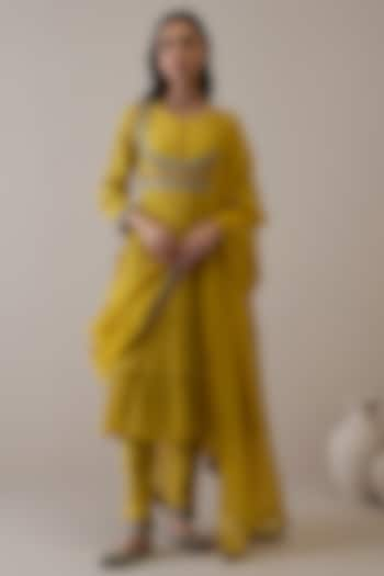 Mustard Pure Silk Handloom Chanderi Resham Embroidered Anarkali Set by RoohbyRidhimaa at Pernia's Pop Up Shop