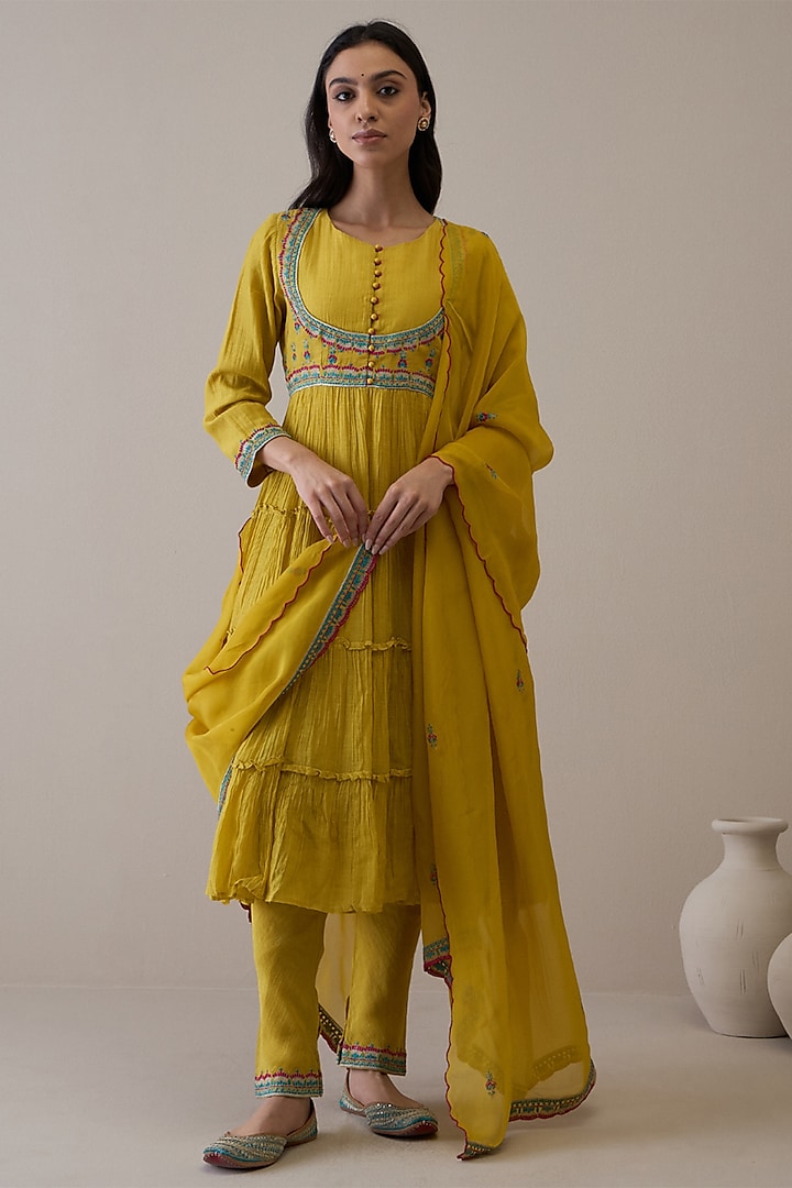 Mustard Pure Silk Handloom Chanderi Resham Embroidered Anarkali Set by RoohbyRidhimaa at Pernia's Pop Up Shop