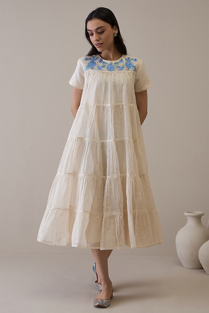 Ivory & Blue Handloom Silk Organza Floral Embroidered Dress by RoohbyRidhimaa at Pernia's Pop Up Shop