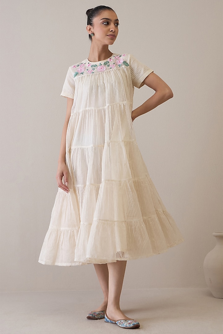 Ivory & Pink Handloom Silk Organza Floral Embroidered Dress by RoohbyRidhimaa at Pernia's Pop Up Shop