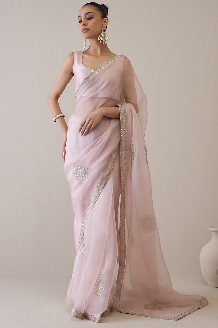 Light Mauve Silk Organza & Viscose Raw Silk Sequins Hand Embroidered Saree Set by RoohbyRidhimaa at Pernia's Pop Up Shop