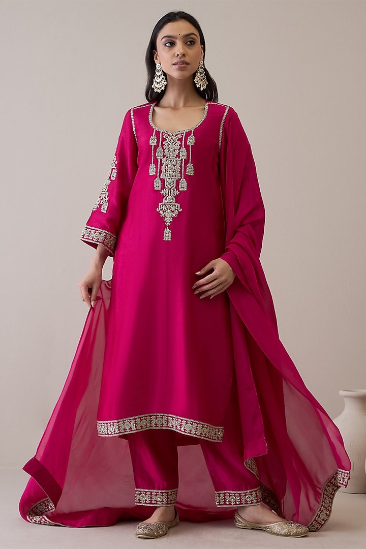 Magenta Viscose Raw Silk & Silk Organza Zari Hand Embroidered Kurta Set by RoohbyRidhimaa at Pernia's Pop Up Shop