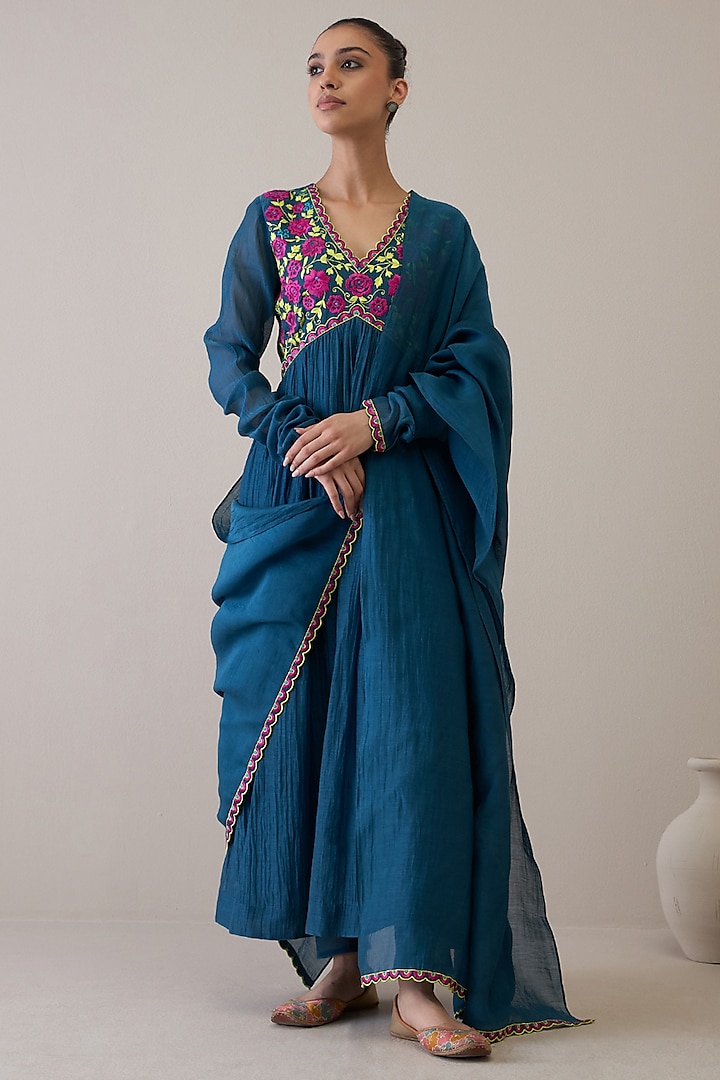 Indigo Blue Pure Silk Chanderi & Pure Cotton Mulmul Resham Embroidered Anarkali Set by RoohbyRidhimaa