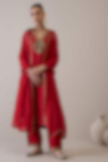 Crimson Red Viscose Raw Silk & Silk Organza Dori Hand Embroidered Kurta Set by RoohbyRidhimaa at Pernia's Pop Up Shop