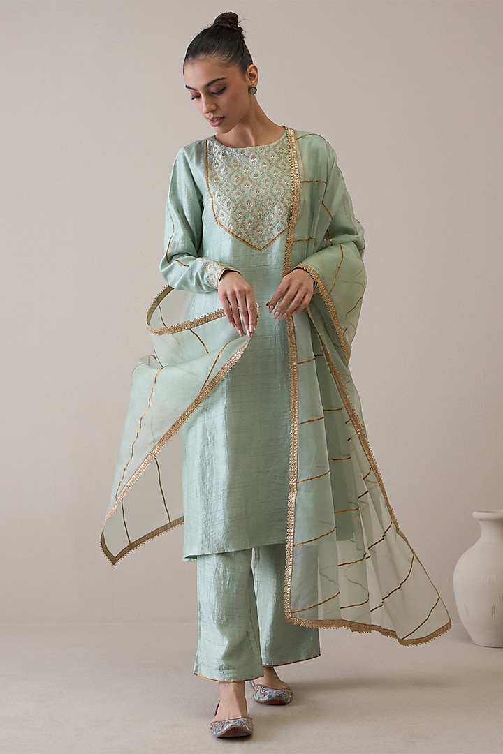 Aquamarine Viscose Raw Silk & Silk Organza Gota Embroidered Kurta Set by RoohbyRidhimaa at Pernia's Pop Up Shop