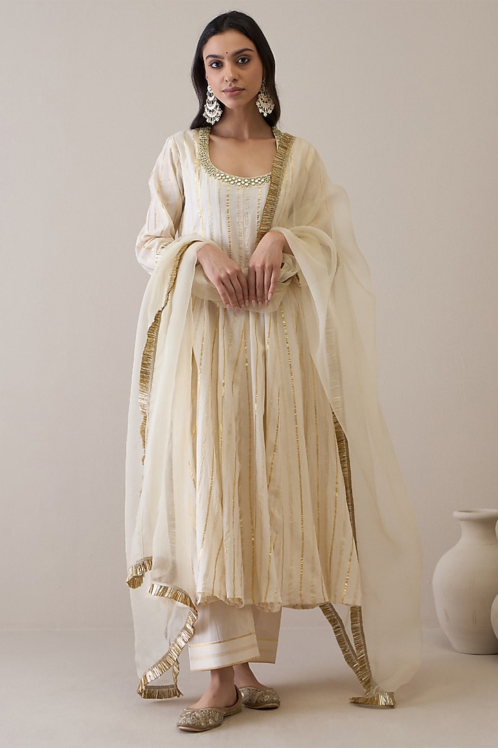 Ivory Cotton & Silk Organza Mirror Embroidered Kalidar Kurta Set by RoohbyRidhimaa at Pernia's Pop Up Shop