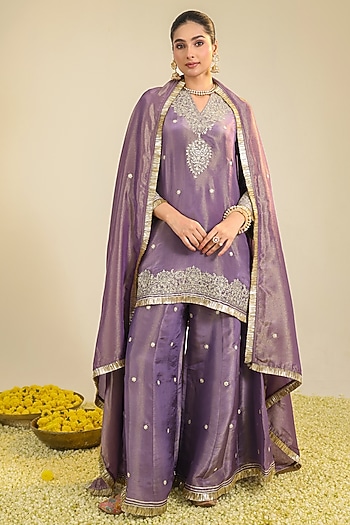 Purple Shimmer Organza Zardosi Embroidered Kurta Set by RoohbyRidhimaa at Pernia's Pop Up Shop