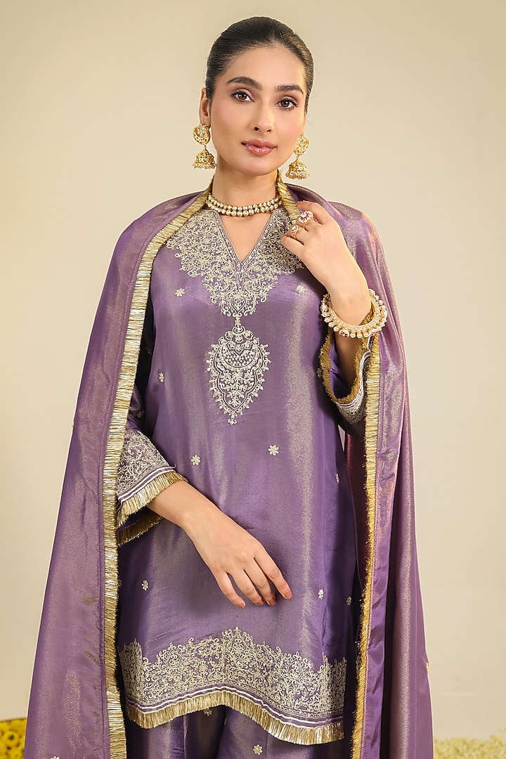Purple Shimmer Organza Zardosi Embroidered Kurta Set by RoohbyRidhimaa at Pernia's Pop Up Shop