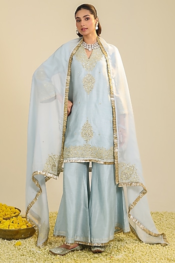 Powder Blue Viscose Raw Silk Zardosi Embroidered Kurta Set by RoohbyRidhimaa at Pernia's Pop Up Shop