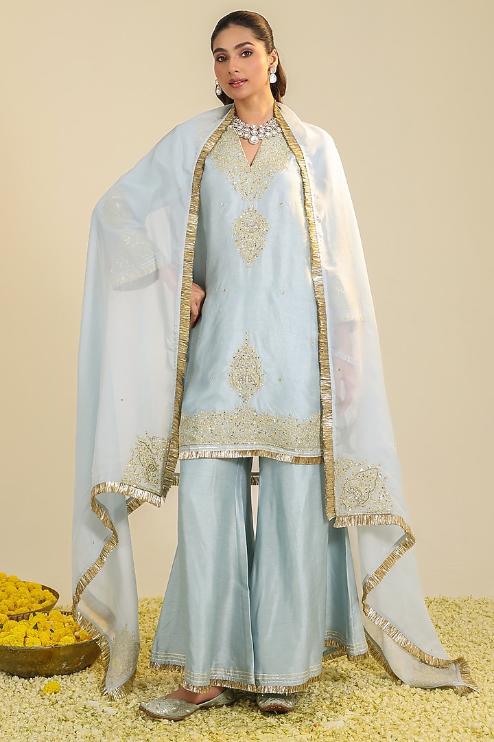 Powder Blue Viscose Raw Silk Zardosi Embroidered Kurta Set by RoohbyRidhimaa at Pernia's Pop Up Shop