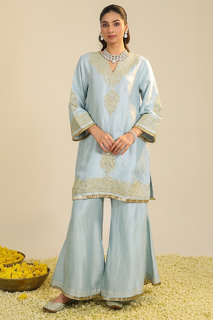 Powder Blue Viscose Raw Silk Zardosi Embroidered Kurta Set by RoohbyRidhimaa at Pernia's Pop Up Shop