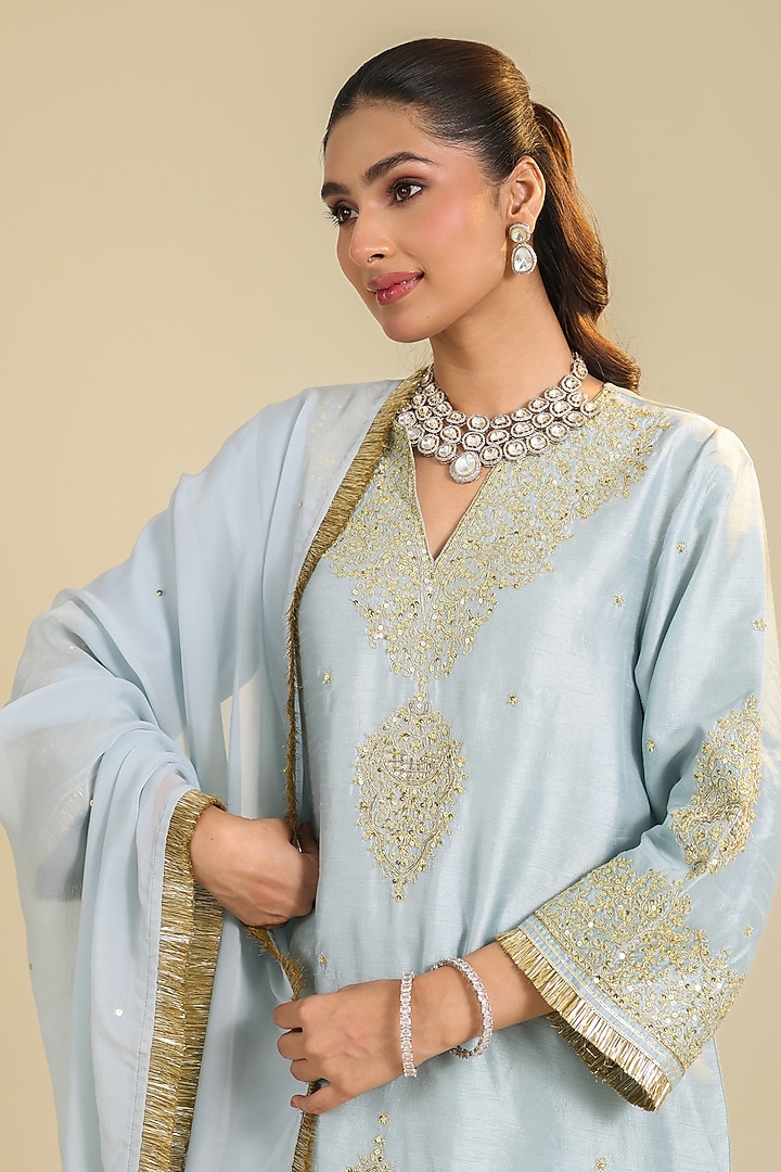 Powder Blue Viscose Raw Silk Zardosi Embroidered Kurta Set by RoohbyRidhimaa at Pernia's Pop Up Shop