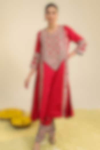 Deep Red Silk Satin Dori Embroidered Kurta Set by RoohbyRidhimaa at Pernia's Pop Up Shop