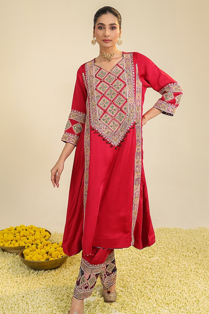 Deep Red Silk Satin Dori Embroidered Kurta Set by RoohbyRidhimaa at Pernia's Pop Up Shop
