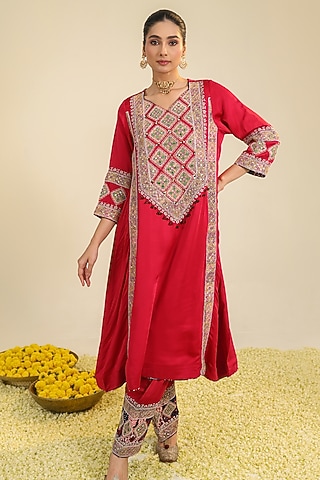 Deep Red Silk Satin Dori Embroidered Kurta Set by RoohbyRidhimaa