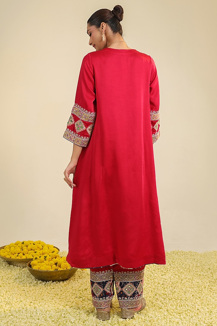 Deep Red Silk Satin Dori Embroidered Kurta Set by RoohbyRidhimaa at Pernia's Pop Up Shop