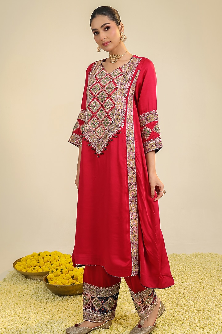 Deep Red Silk Satin Dori Embroidered Kurta Set by RoohbyRidhimaa at Pernia's Pop Up Shop