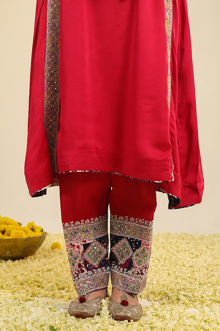 Deep Red Silk Satin Dori Embroidered Kurta Set by RoohbyRidhimaa at Pernia's Pop Up Shop