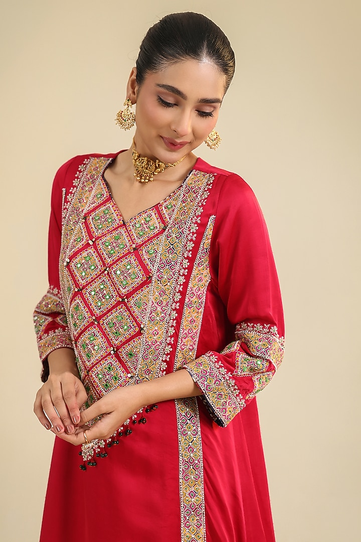 Deep Red Silk Satin Dori Embroidered Kurta Set by RoohbyRidhimaa at Pernia's Pop Up Shop