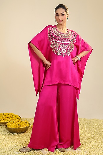 Fuchsia Pink Silk Satin Embroidered Co-Ord Set by RoohbyRidhimaa at Pernia's Pop Up Shop