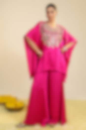 Fuchsia Pink Silk Satin Embroidered Co-Ord Set by RoohbyRidhimaa at Pernia's Pop Up Shop