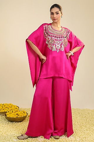 Fuchsia Pink Silk Satin Embroidered Co-Ord Set by RoohbyRidhimaa