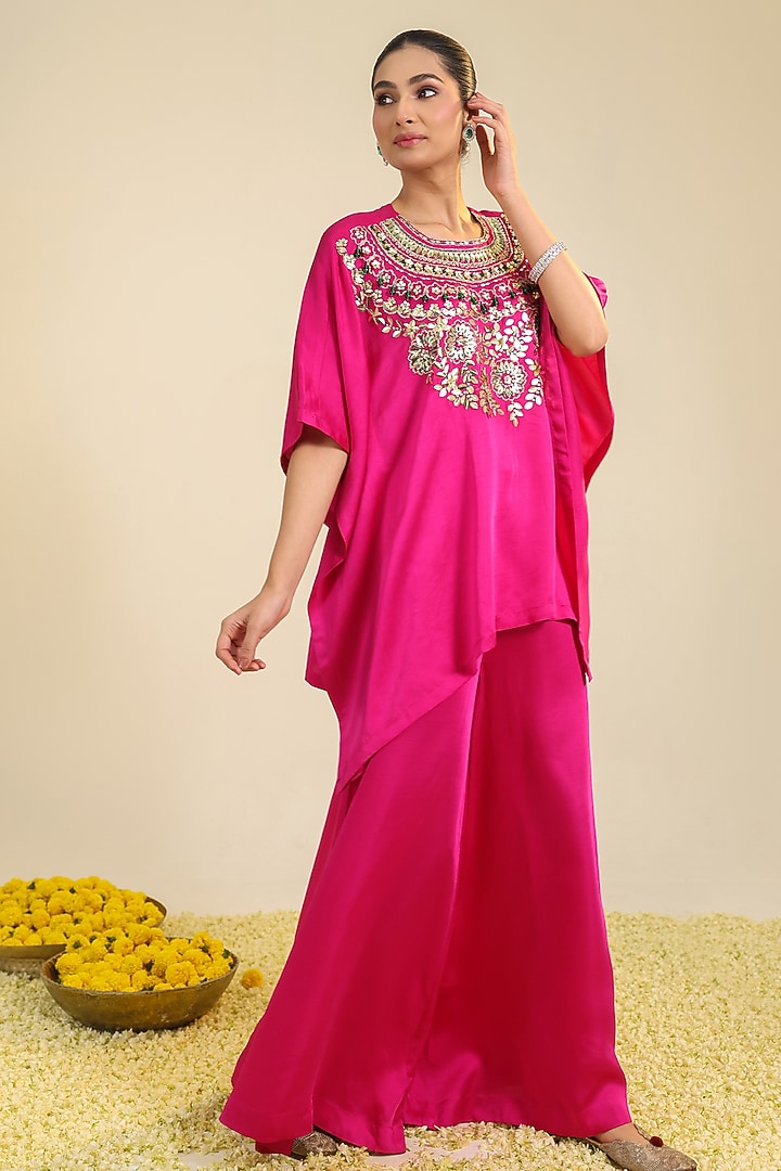 Fuchsia Pink Silk Satin Embroidered Co-Ord Set by RoohbyRidhimaa at Pernia's Pop Up Shop