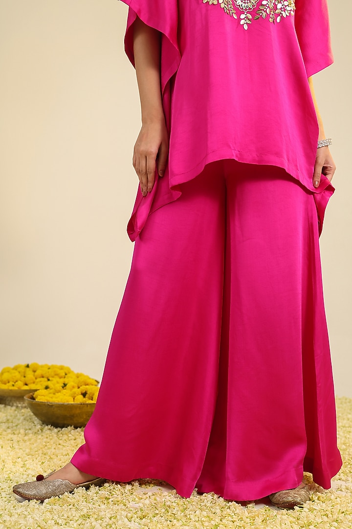 Fuchsia Pink Silk Satin Embroidered Co-Ord Set by RoohbyRidhimaa at Pernia's Pop Up Shop