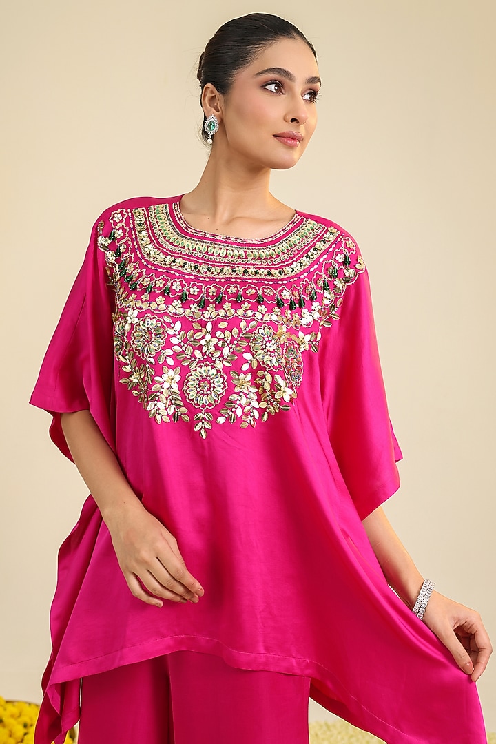Fuchsia Pink Silk Satin Embroidered Co-Ord Set by RoohbyRidhimaa at Pernia's Pop Up Shop