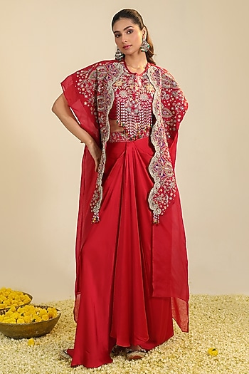 Deep Red Silk Satin Beads Embroidered Cape Set by RoohbyRidhimaa at Pernia's Pop Up Shop