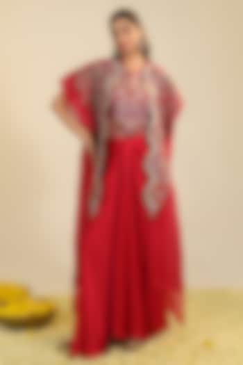 Deep Red Silk Satin Beads Embroidered Cape Set by RoohbyRidhimaa at Pernia's Pop Up Shop