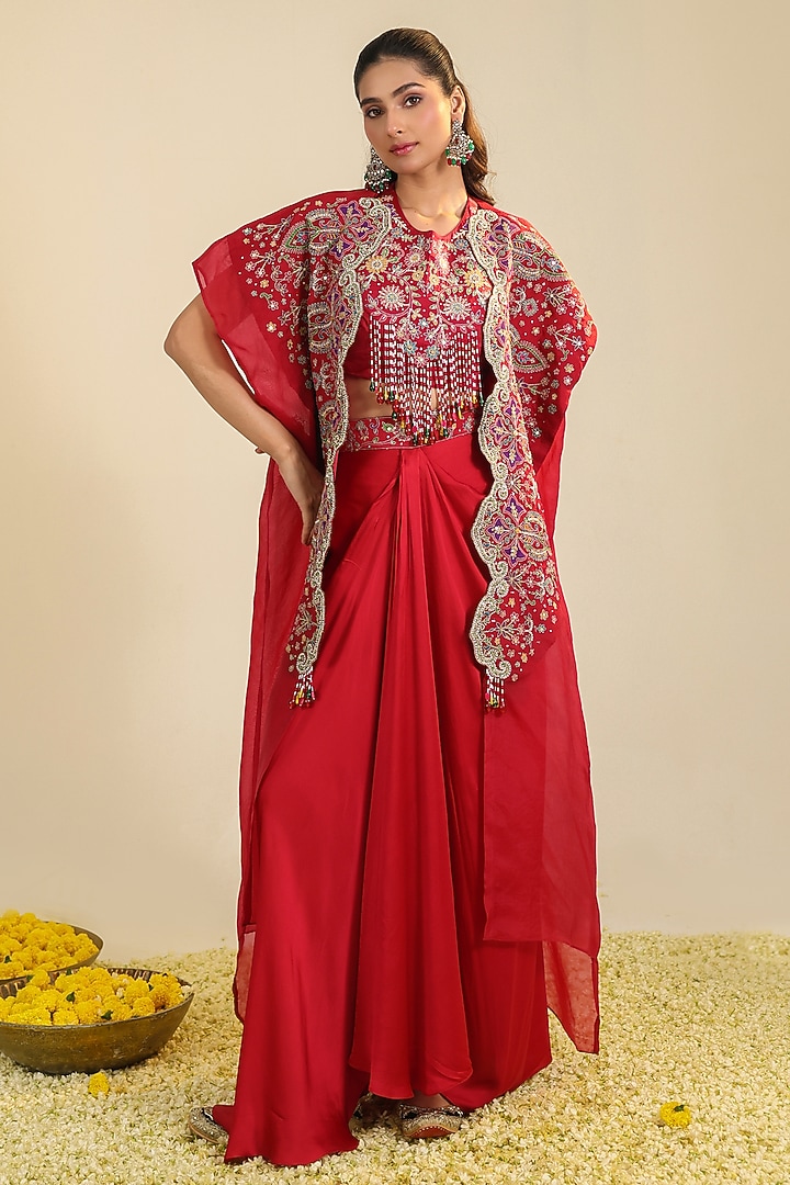 Deep Red Silk Satin Beads Embroidered Cape Set by RoohbyRidhimaa at Pernia's Pop Up Shop
