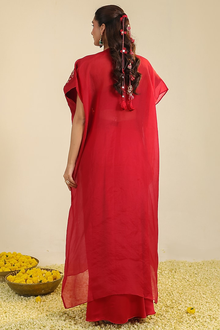 Deep Red Silk Satin Beads Embroidered Cape Set by RoohbyRidhimaa at Pernia's Pop Up Shop