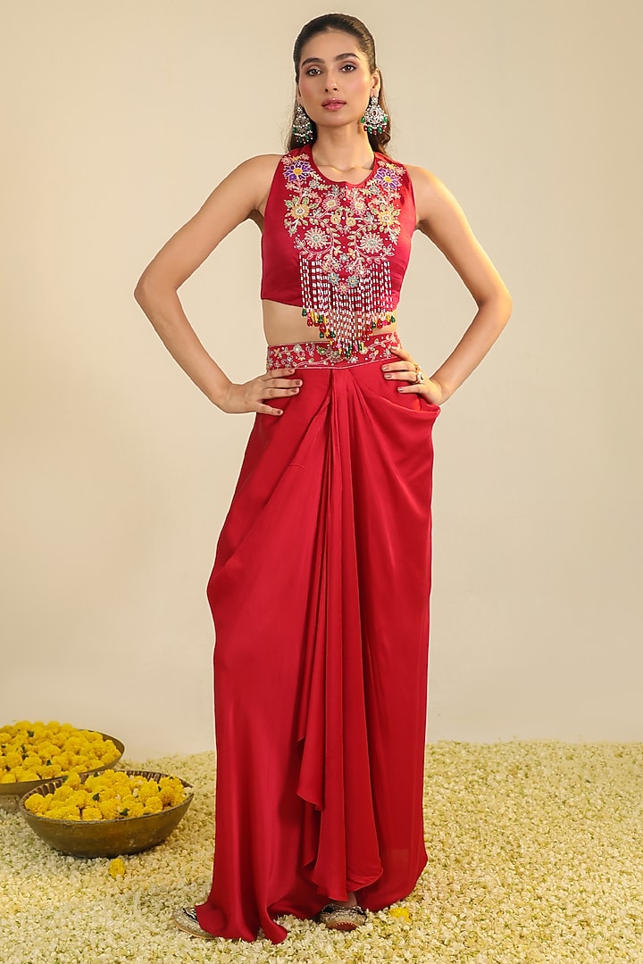 Deep Red Silk Satin Beads Embroidered Cape Set by RoohbyRidhimaa at Pernia's Pop Up Shop