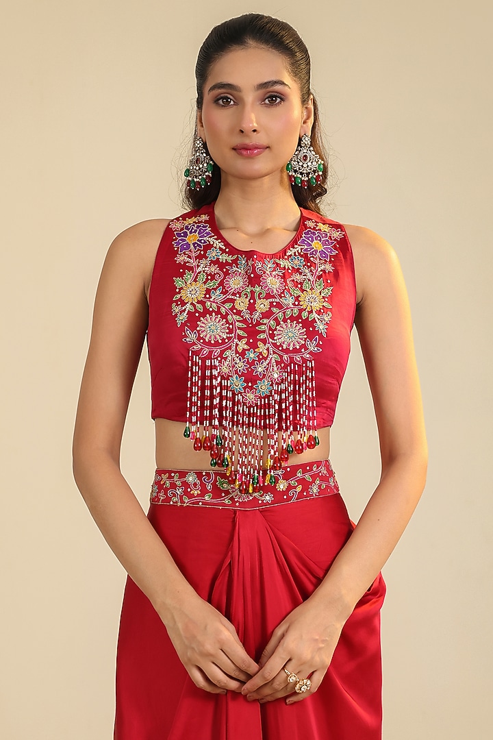 Deep Red Silk Satin Beads Embroidered Cape Set by RoohbyRidhimaa at Pernia's Pop Up Shop