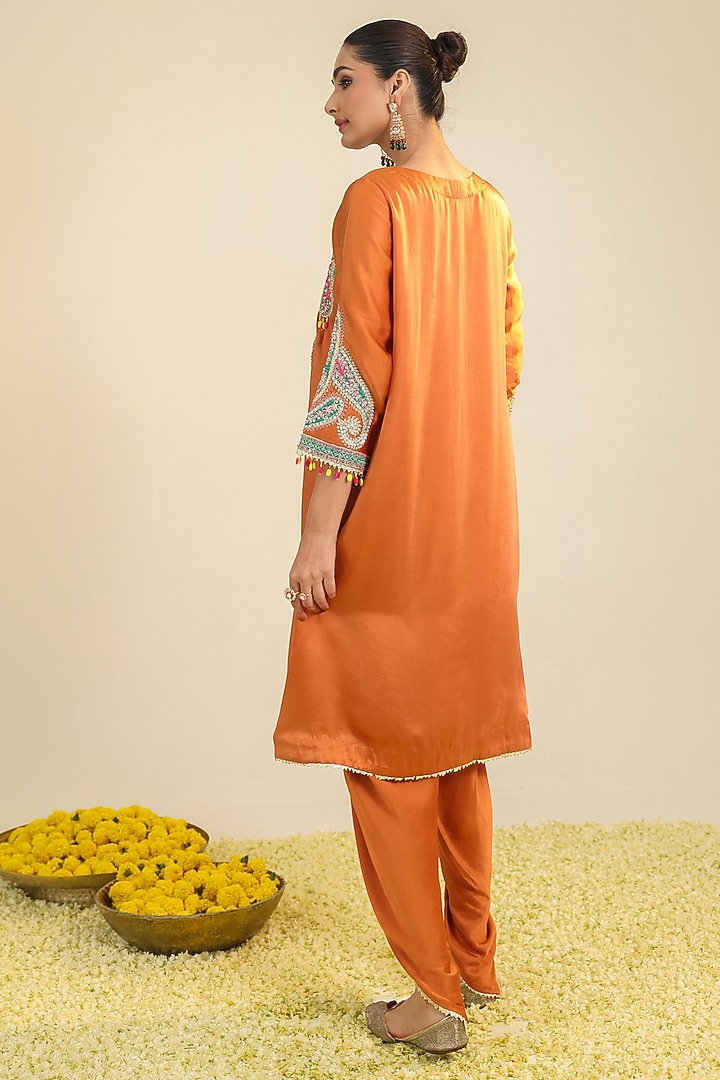 Rust Silk Satin Paisley Embroidered Kurta Set by RoohbyRidhimaa at Pernia's Pop Up Shop